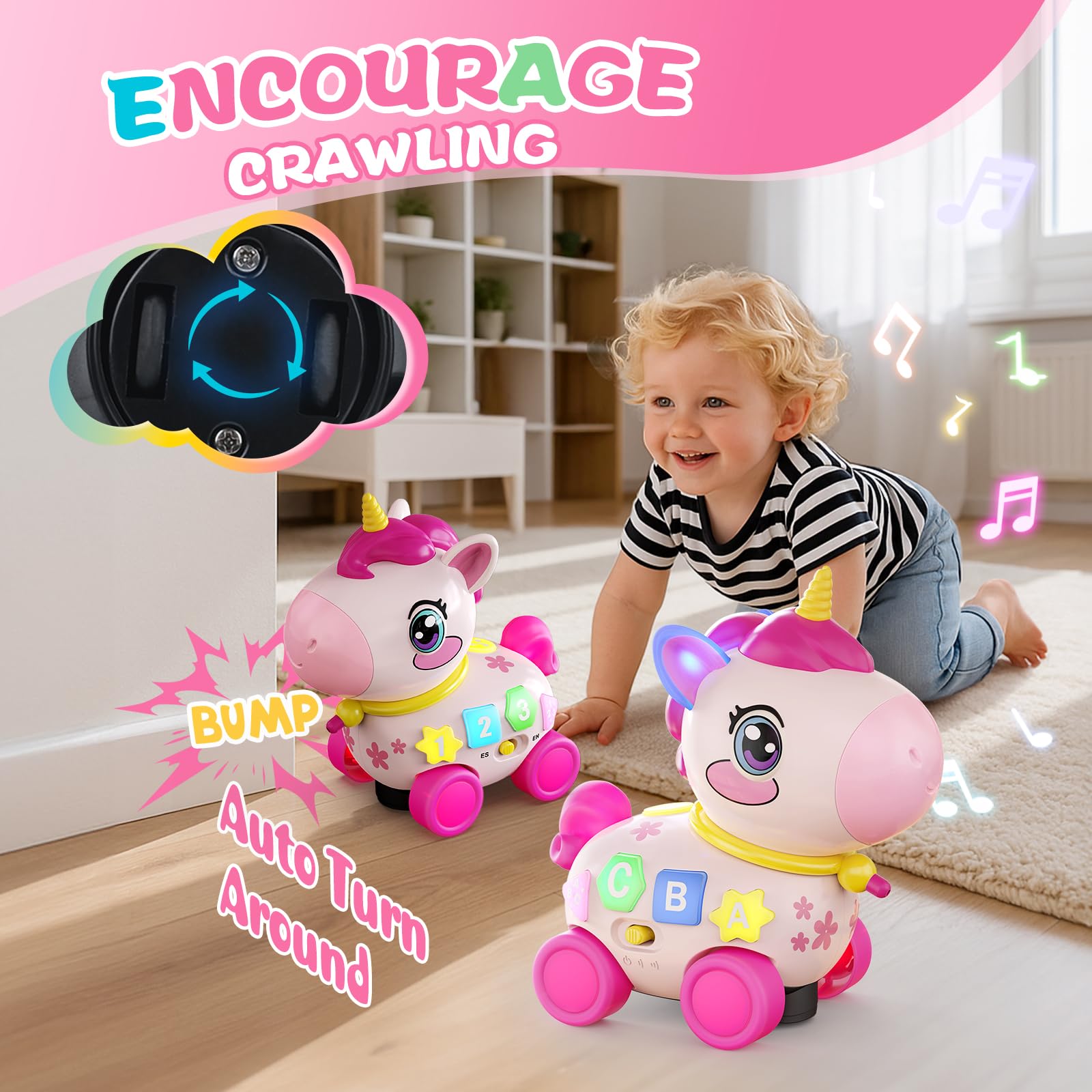 KAISASA Unicorn Toy with bilingual buttons enables early English and Spanish learning.