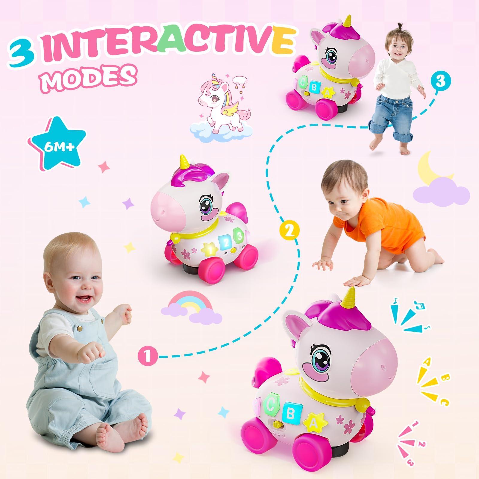KAISASA Unicorn Toy Crawl mode with wheels supports crawling and obstacle-free exploration.
