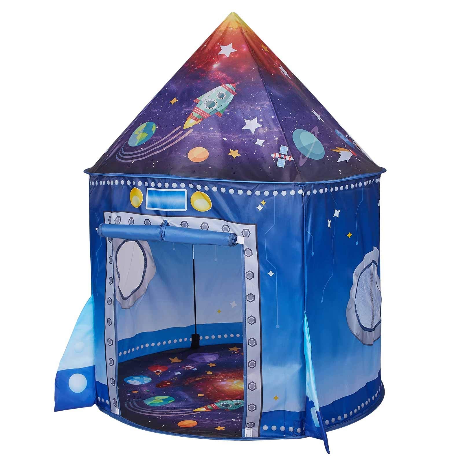 KAIVEE Rocket Ship pop up tent front view promotes imaginative play for kids.