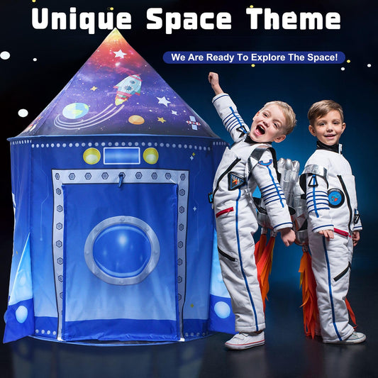 KAIVEE Rocket Ship pop up tent open door and portholes invite interactive space pretend play.