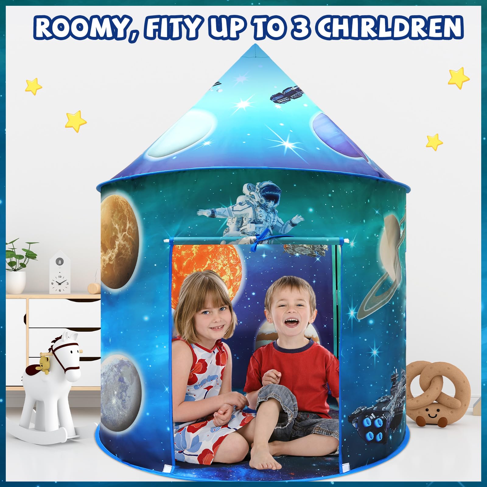 KAIVEE Space World Play Tent foldable poles enable quick travel setup