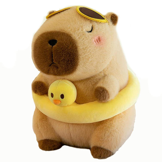 Kaizenjoy capybara plush 12in with yellow tube, a cozy cuddle buddy for kids.
