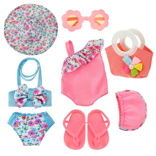 Kajaia 18-inch doll two-piece swimsuit set for summer play.
