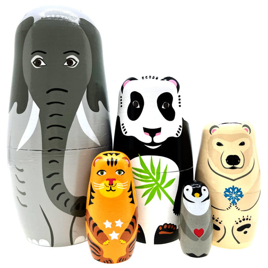 Kakeah long-nosed elephant nesting dolls outer view highlights hand-painted craft for display.