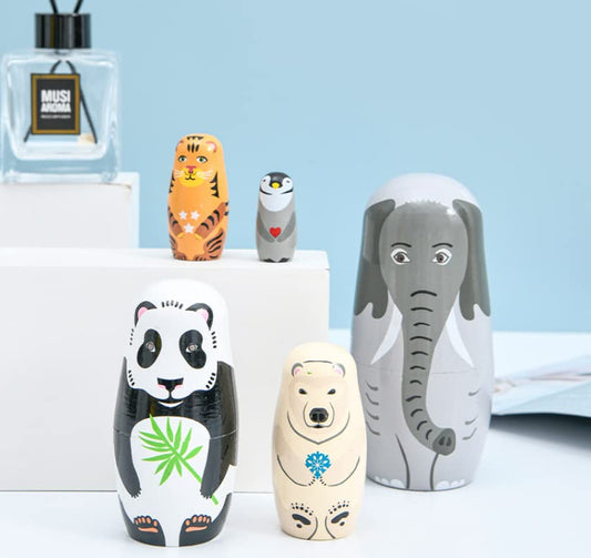 Kakeah long-nosed elephant nesting dolls stacked view shows compact, space-efficient toy set.