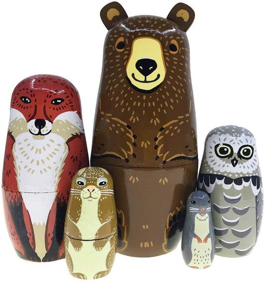 Kakeah nesting dolls brown bear detail, hand-painted for imaginative play.