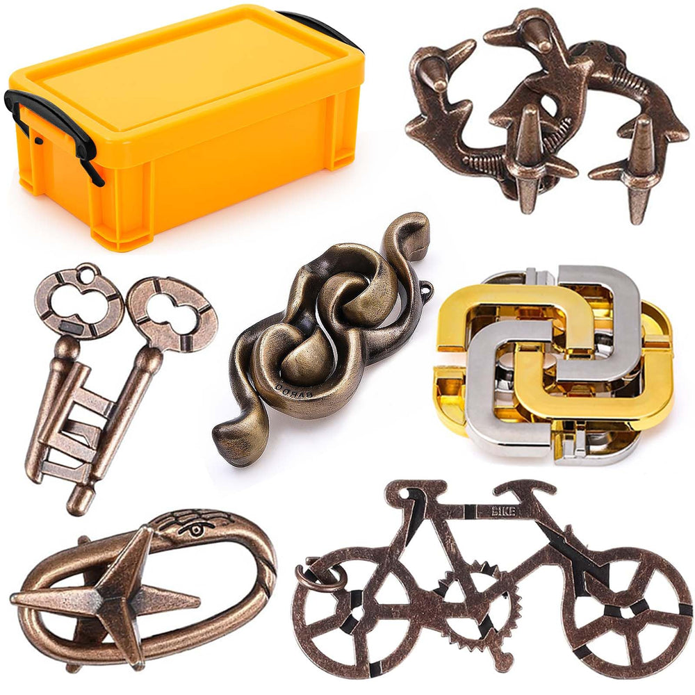 KaKeDuJa 6-piece metal brain teaser set ready for group play and focus.