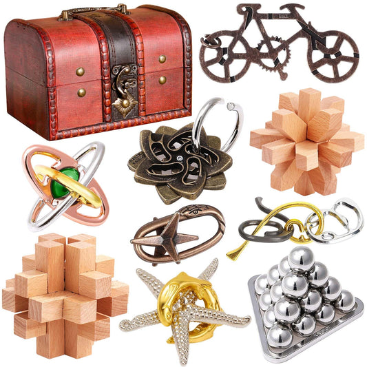 KaKeDuJa 9-pcs brain teaser puzzle set in metal and wood for engaging, portable challenges.
