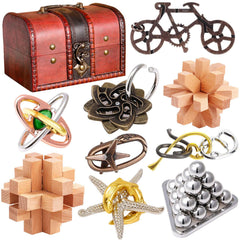 KaKeDuJa 9-pcs brain teaser puzzle set in metal and wood for engaging, portable challenges.