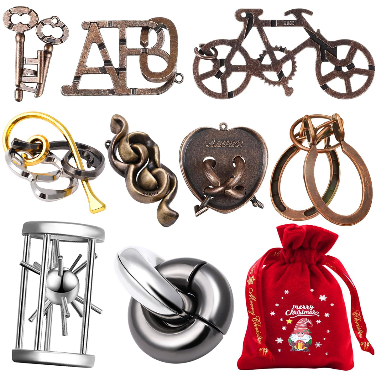KaKeDuJa 9pcs brain teaser puzzles front view showing varied metal pieces with appeal for focus