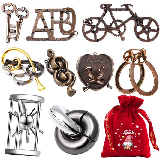 KaKeDuJa 9pcs brain teaser puzzles front view showing varied metal pieces with appeal for focus