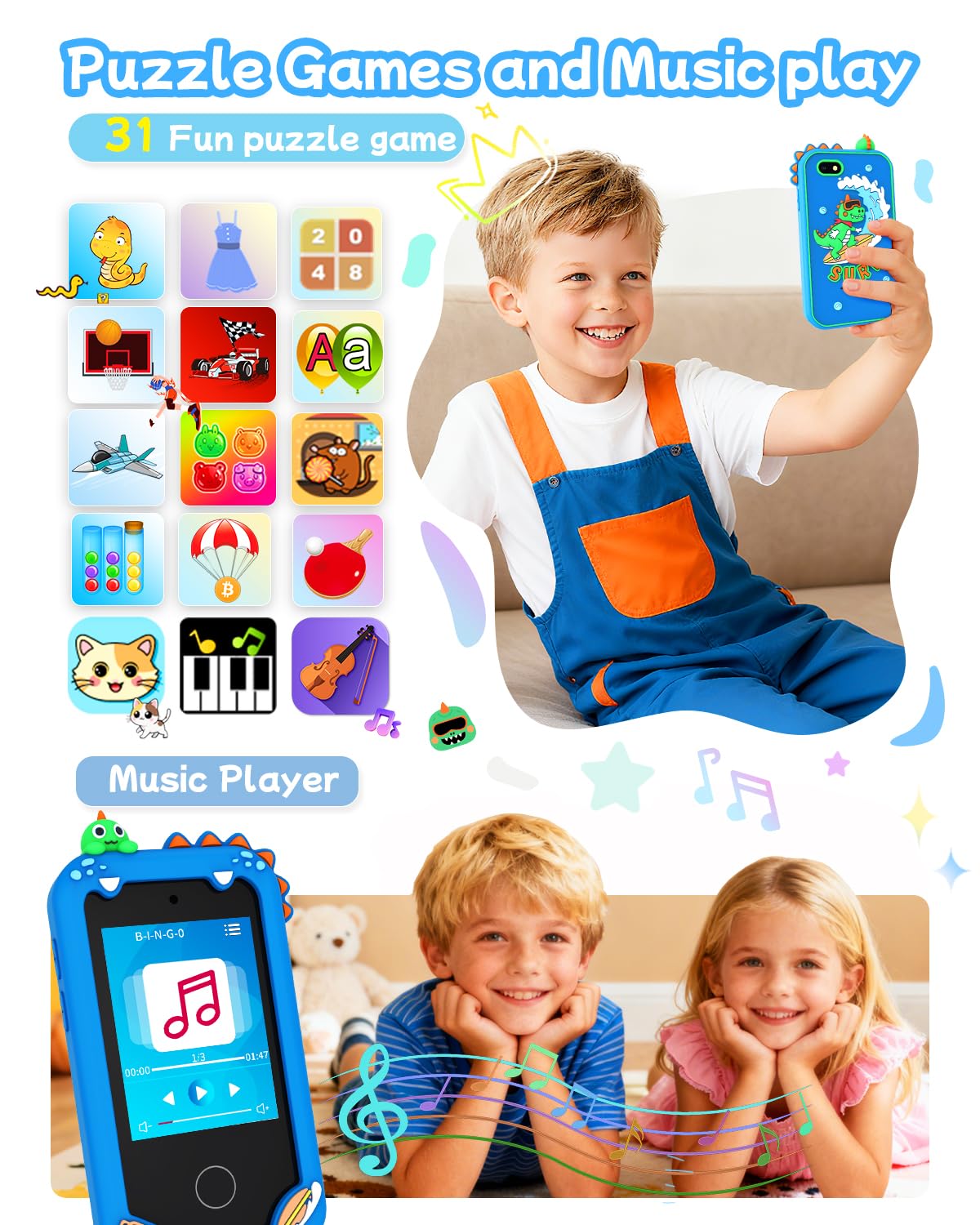 KAKTIN Kids Smart Phone Toy 8MP camera enables easy photo and video memories.