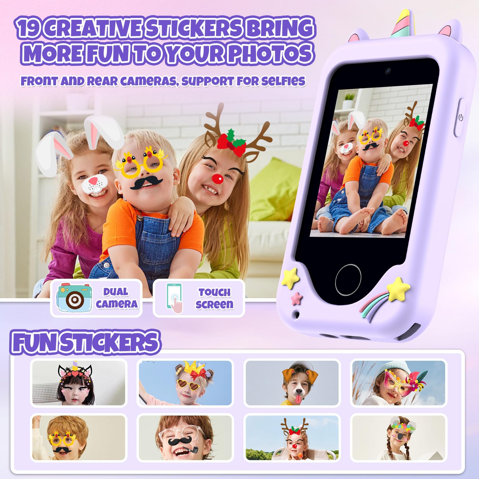 KAKTIN kids smart phone dual-camera selfie mode supports playful photography.