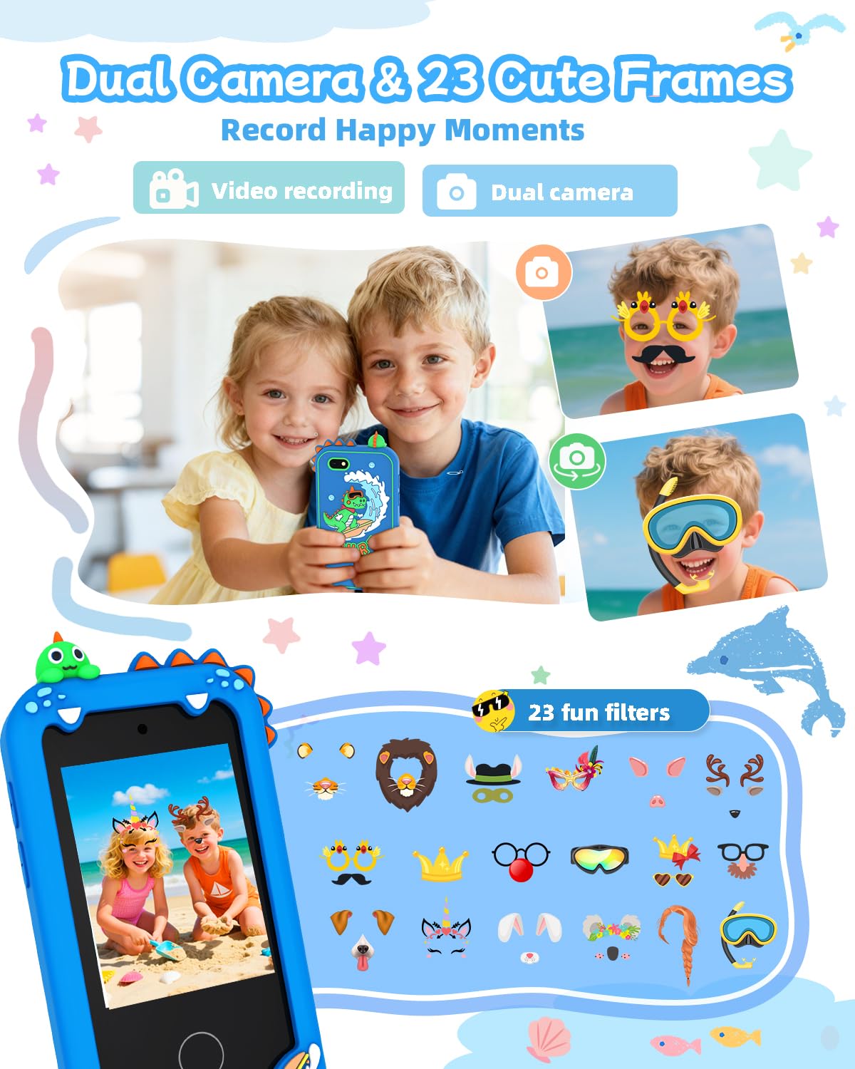 KAKTIN Kids Smart Phone Toy dual camera demonstrates selfie and video moments for kids.