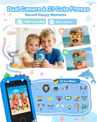 KAKTIN Kids Smart Phone Toy dual camera demonstrates selfie and video moments for kids.