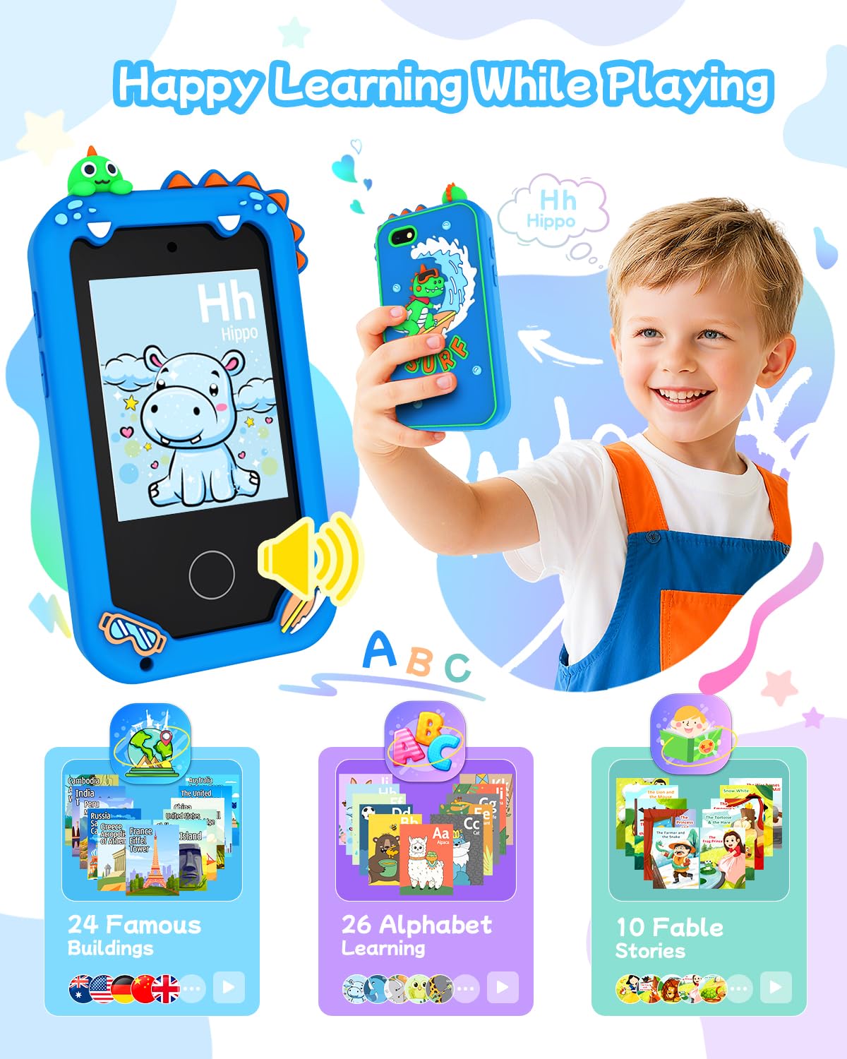 KAKTIN Kids Smart Phone Toy touchscreen display for easy navigation by young learners.