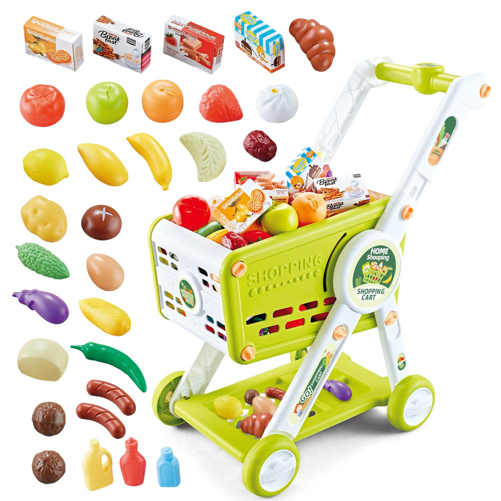KalaDuck green shopping cart for pretend play with colorful food accessories boosts imaginative grocery trips