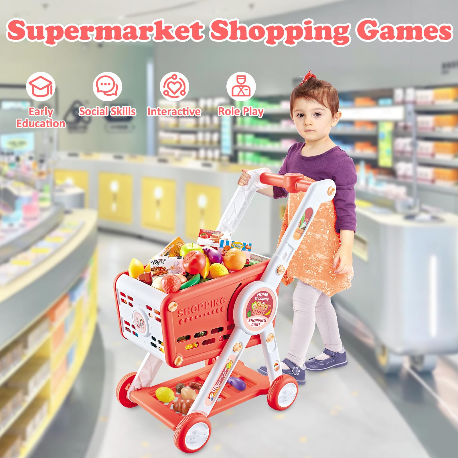 KalaDuck toddler shopping cart with play food set for grocery play.
