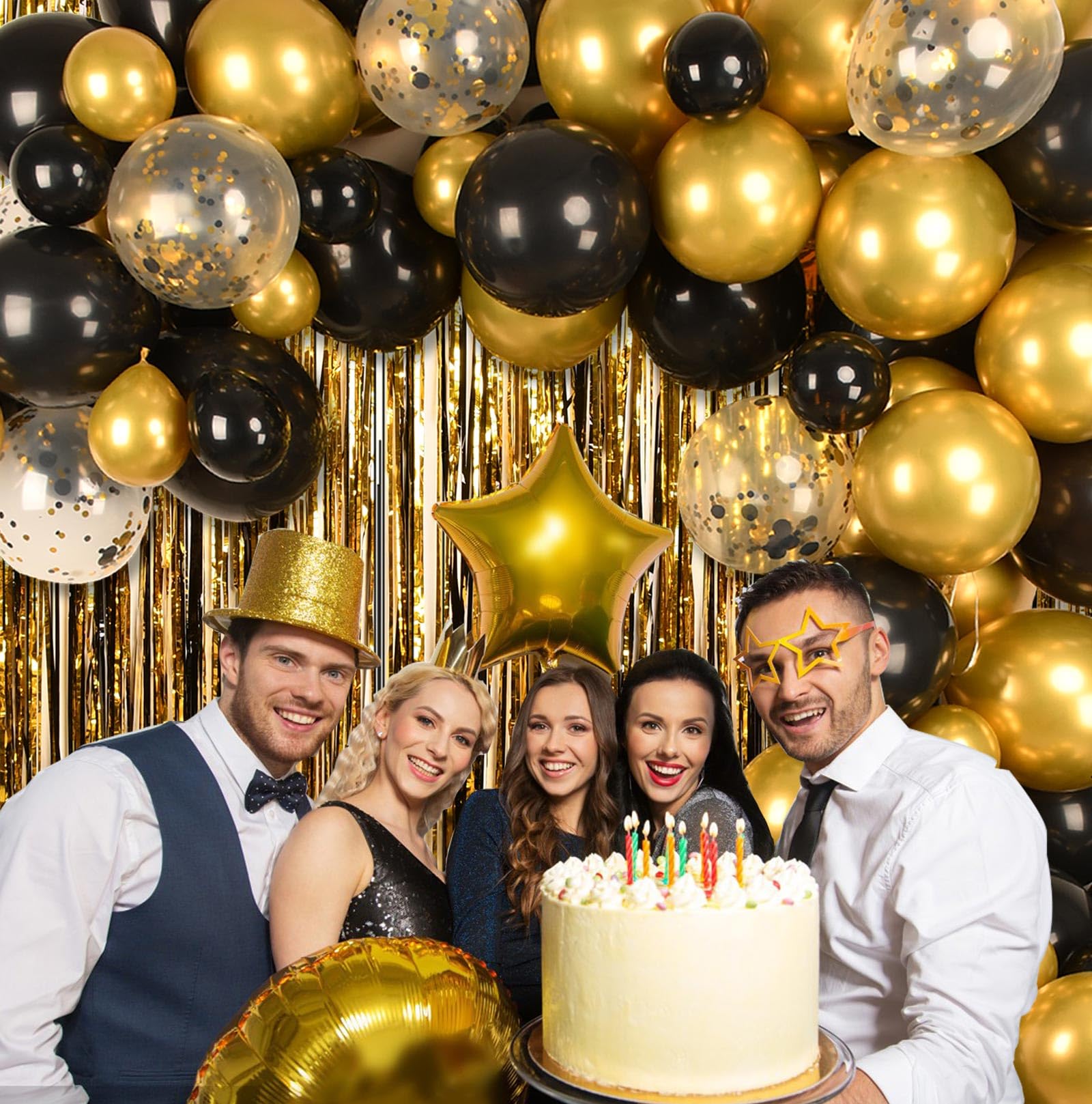 Kalor 18-inch black and gold star foil balloons add metallic shine
