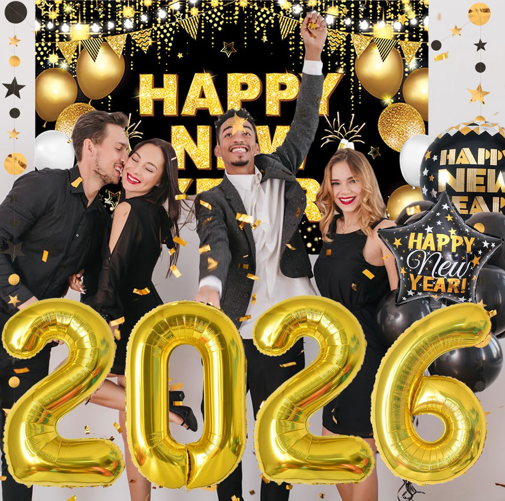 KALOR black star balloons provide elegant accents for New Year decor.