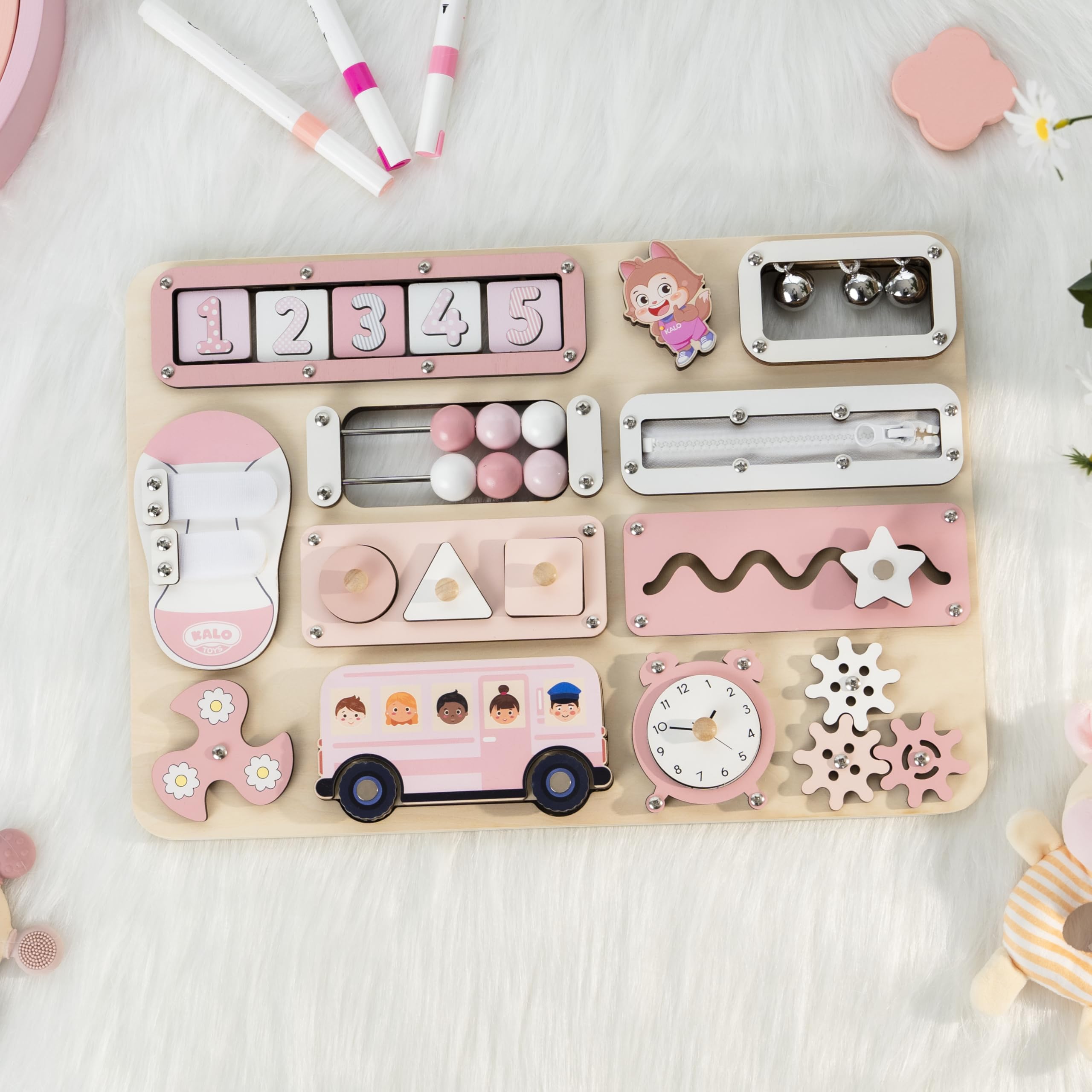 KALOTOYS Busy Board uses durable wood designed for daily use.