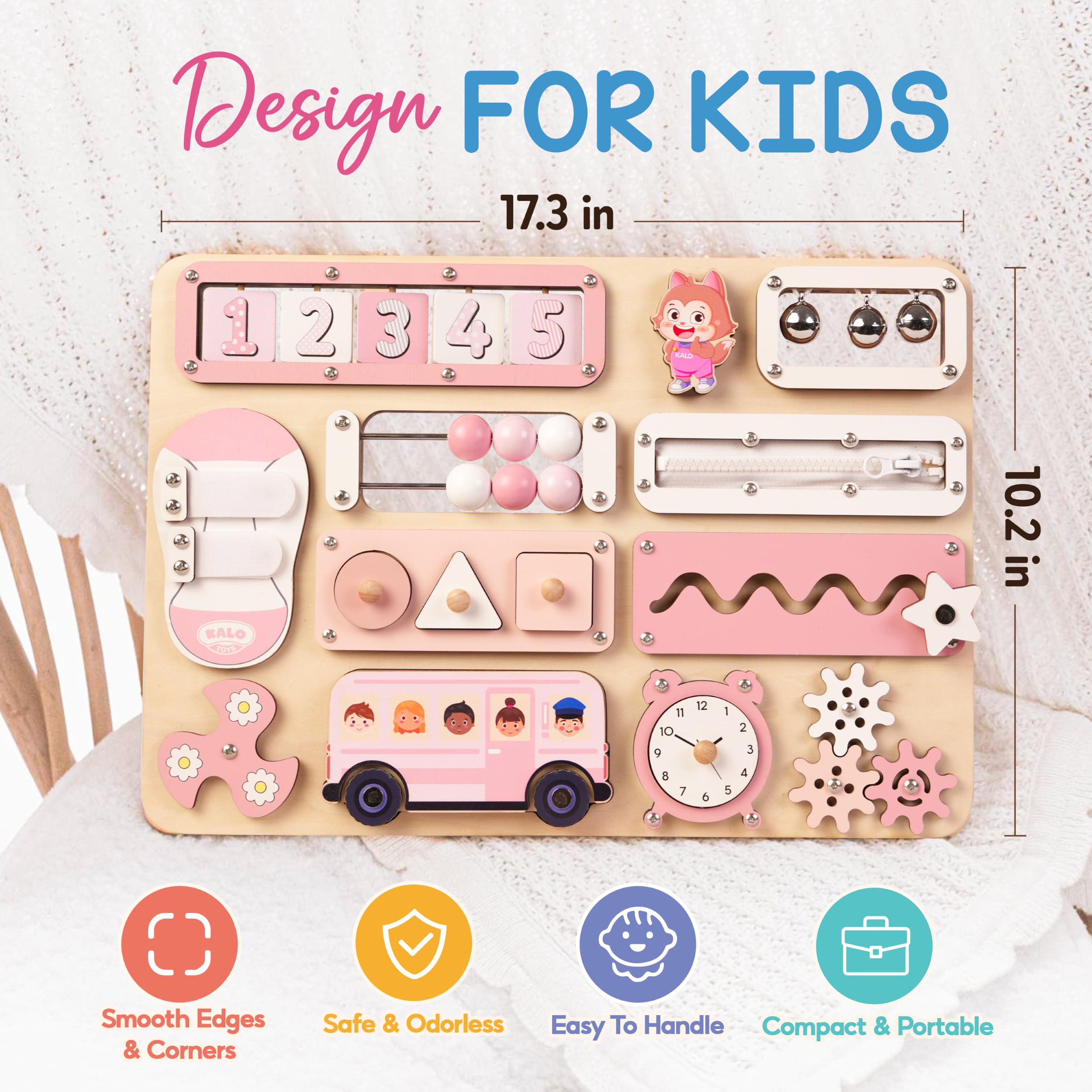 KALOTOYS Busy Board edges are smoothed for safe, calm play.