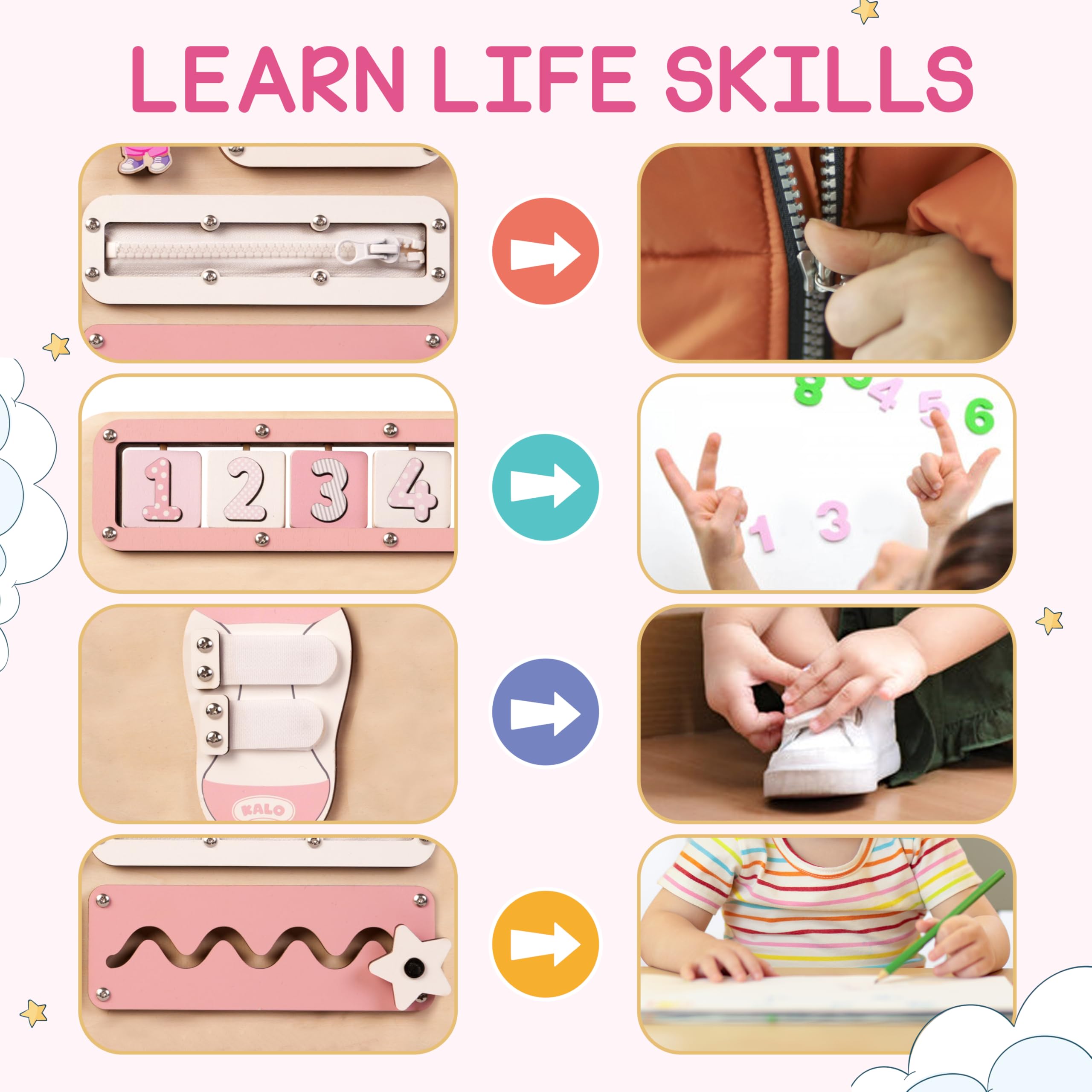 KALOTOYS Busy Board name puzzle helps toddlers memorize and spell their names.