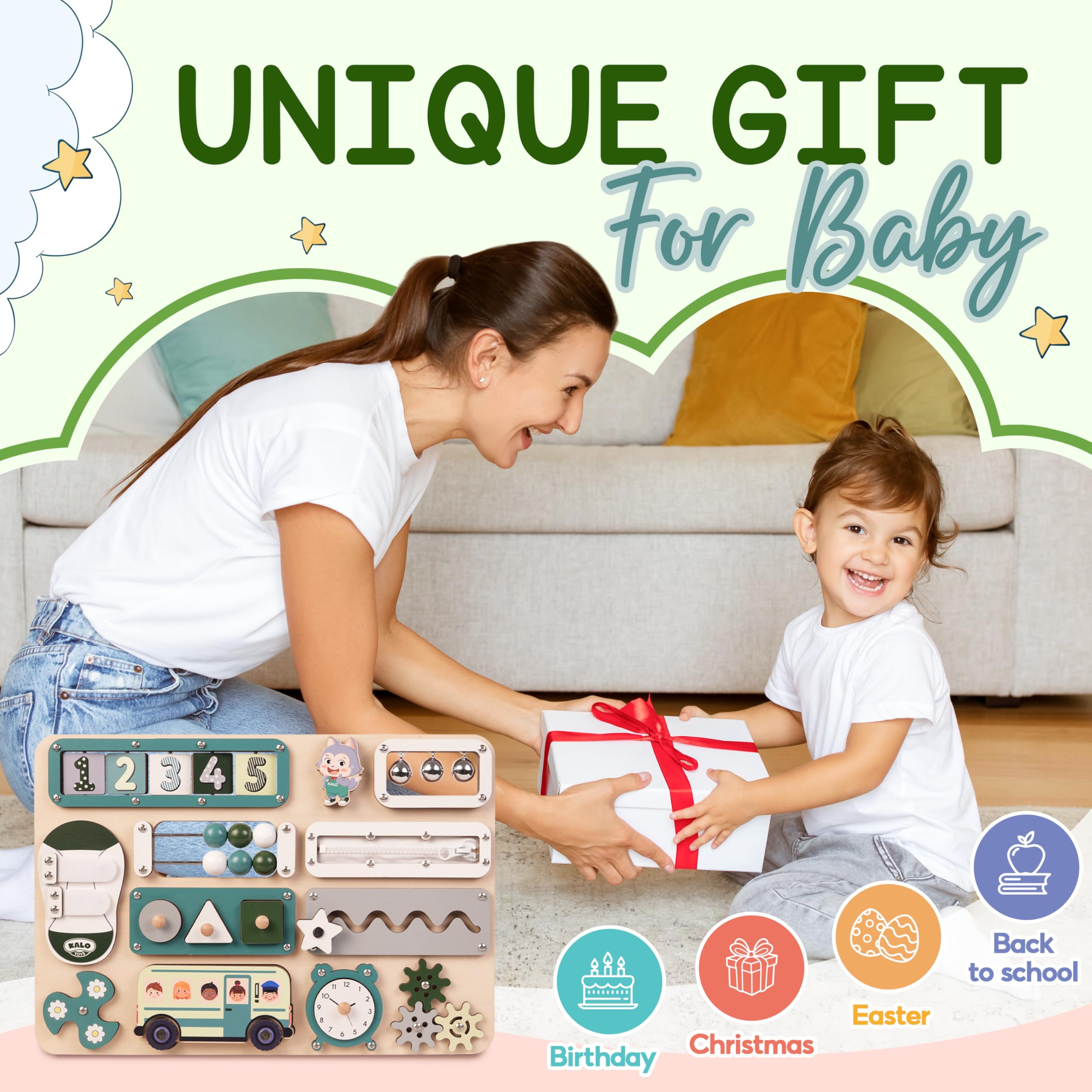 KALOTOYS Wooden build and water-based paint offer smooth edges for safe exploration.