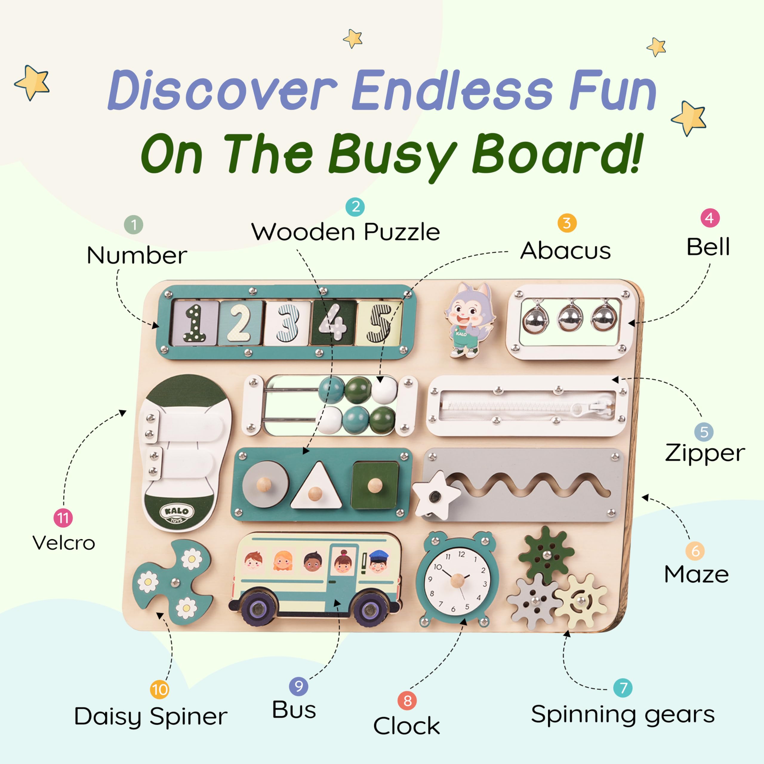 KALOTOYS Large Busy Board spinner twist detail invites curious hands to explore.
