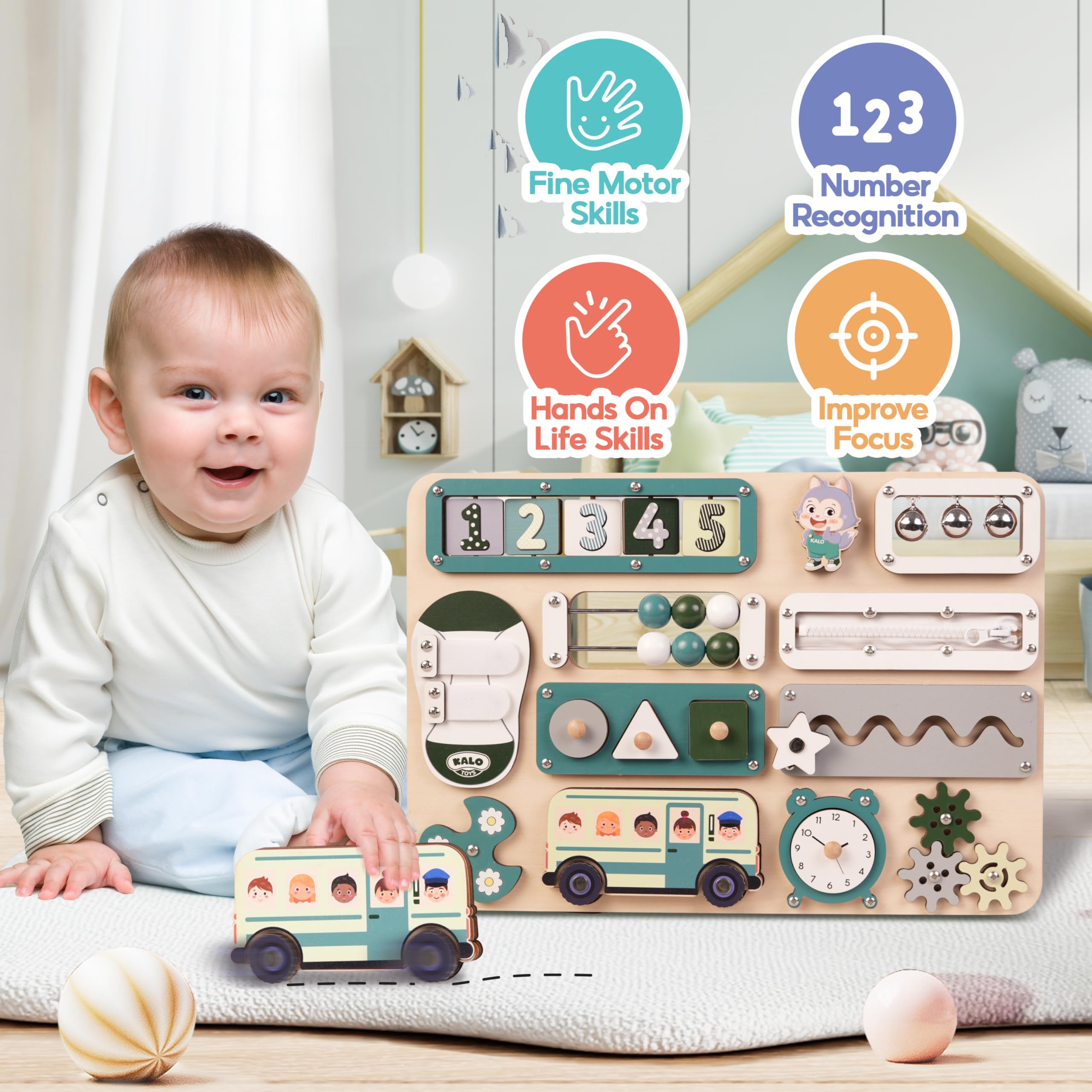 KALOTOYS Busy board velcro activity demonstrates fine motor focus during playtime.
