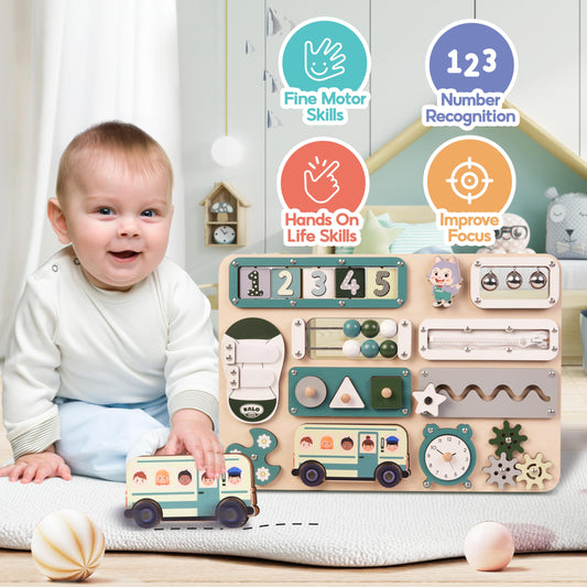 KALOTOYS Busy board velcro activity demonstrates fine motor focus during playtime.