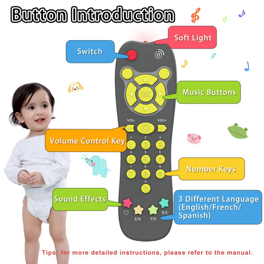 KALUYA Baby Remote Toy buttons closeup showing colorful keys for shape and number learning.