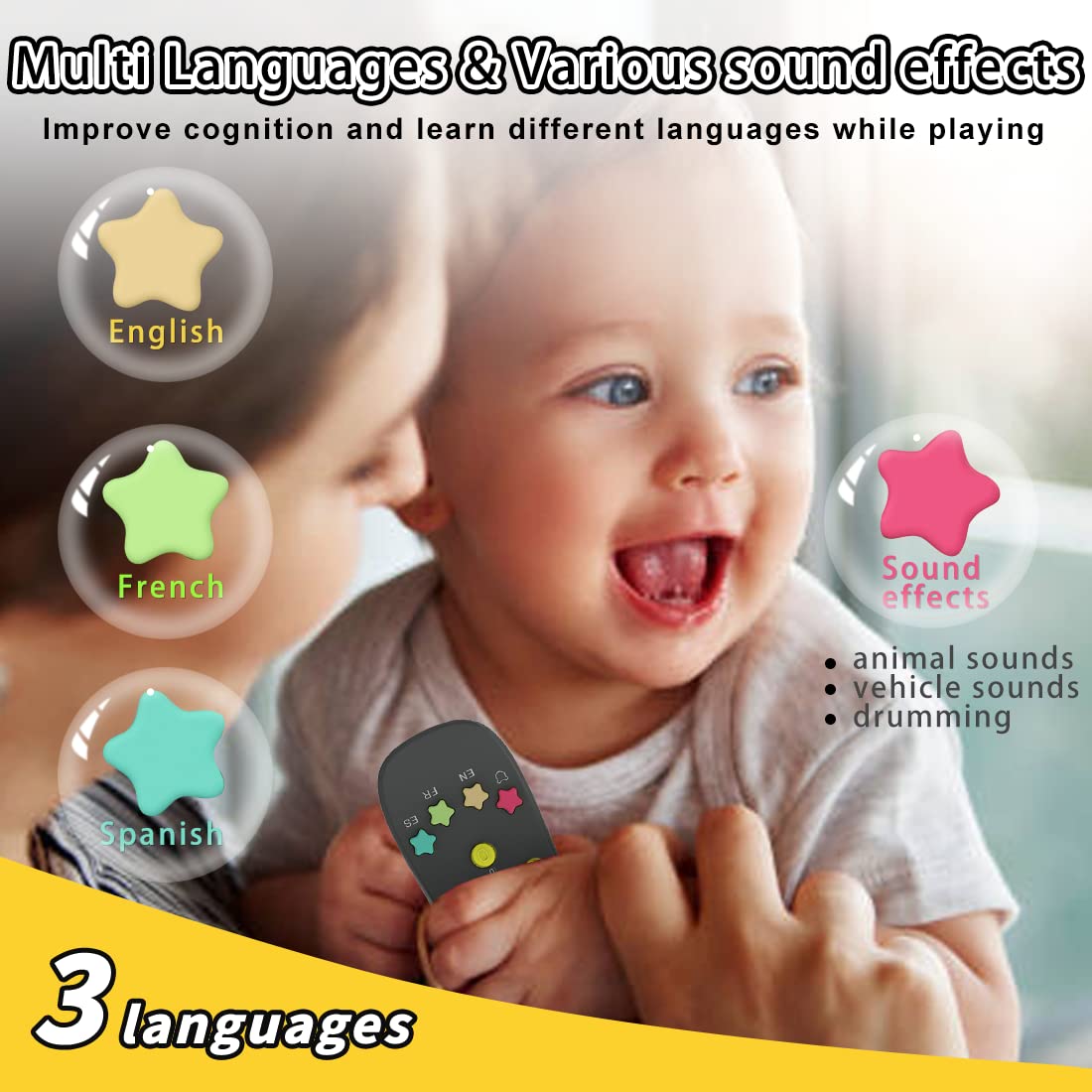 KALUYA remote toy with multilingual buttons supports early language exposure.