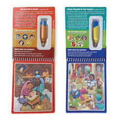 KangaToys New Testament Color with Water book open for quiet learning.