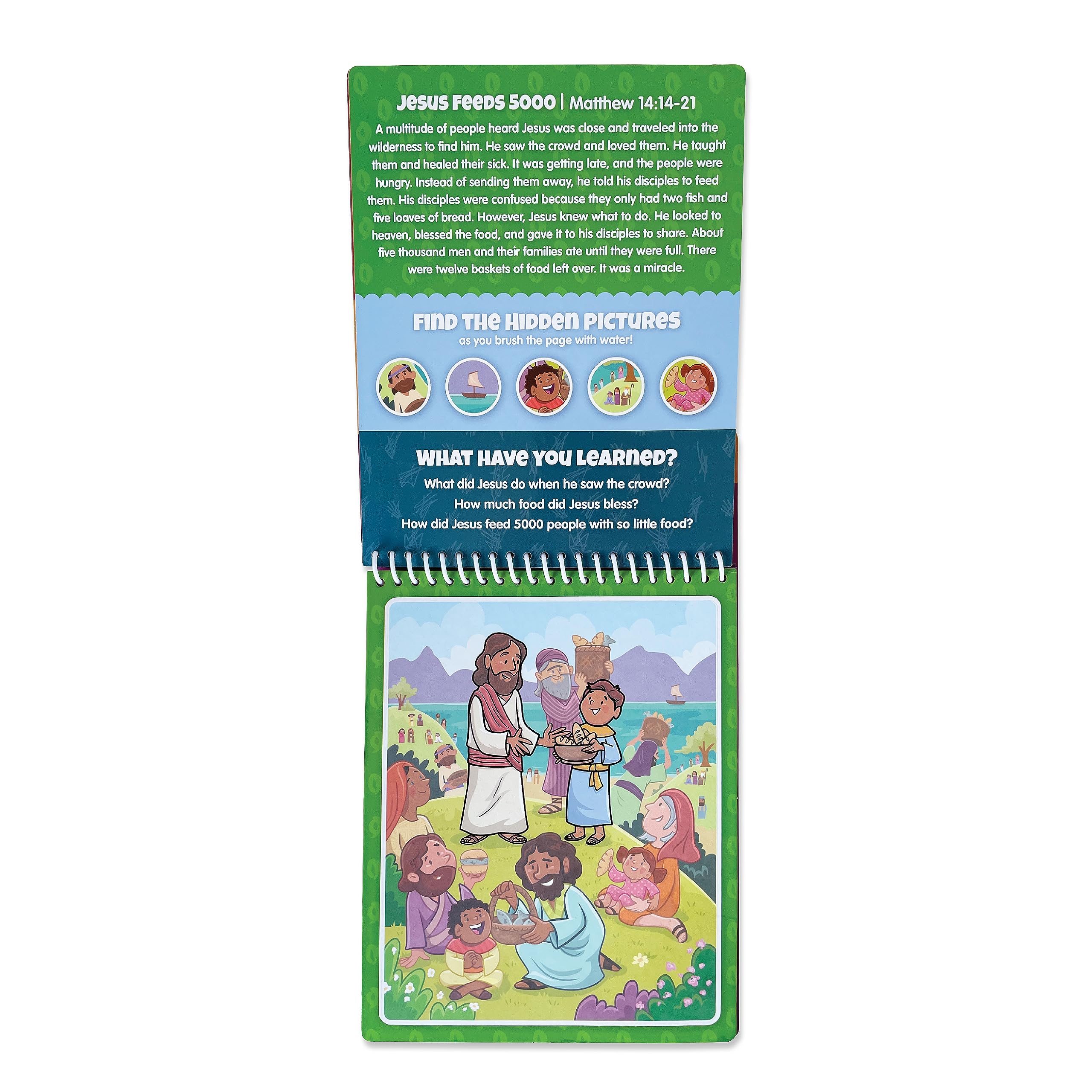KangaToys Water Reveal feeding-multitudes illustration shows vibrant scenes to discuss generosity