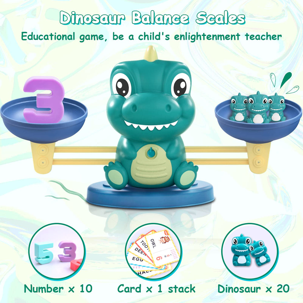 Kaodezhu dinosaur trays and balance setup helps organize pieces during math play.