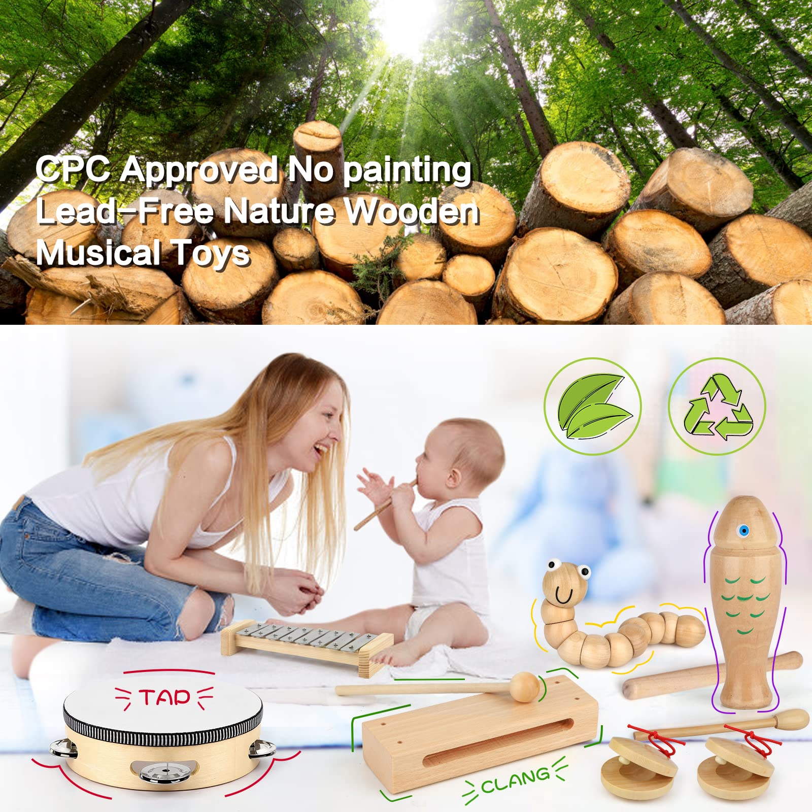 KAQINU wooden tambourine toy with bright finish for small hands.