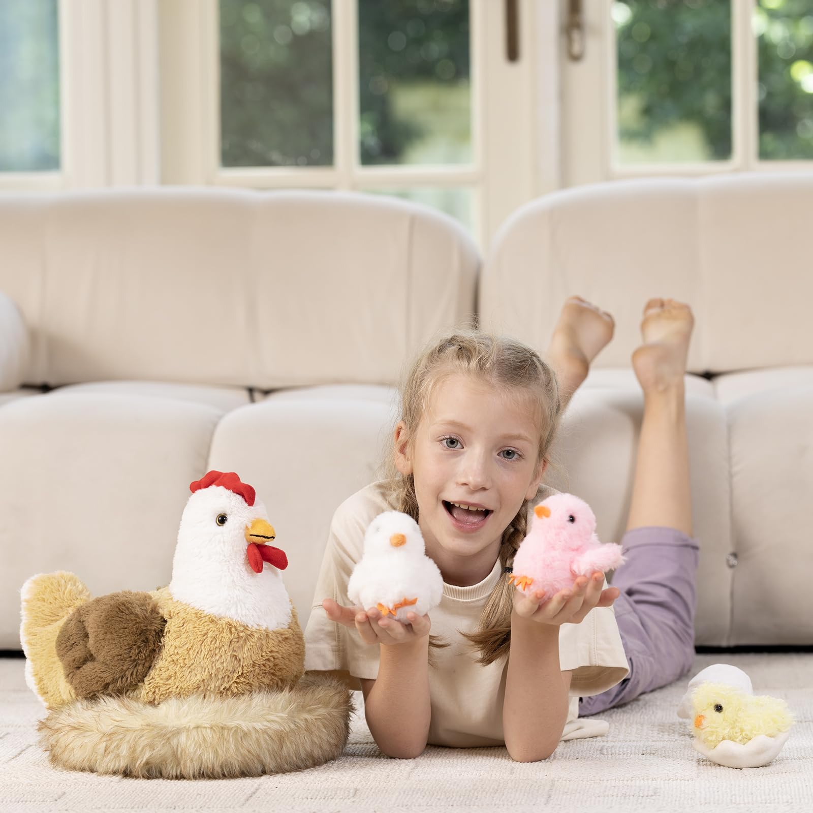 Karister 7Pcs chicken stuffed animals henhouse hideaway plush for nesting play