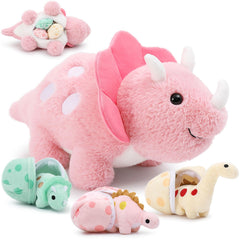 Karister pink dinosaur mother with eggs — cozy cuddle buddy for kids.