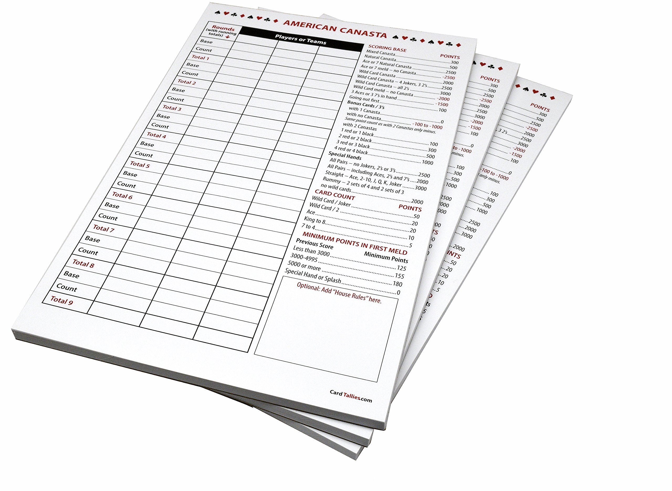 Close-up of Kartego score pads with red and black ink for readability.