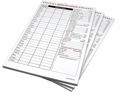 Close-up of Kartego score pads with red and black ink for readability.