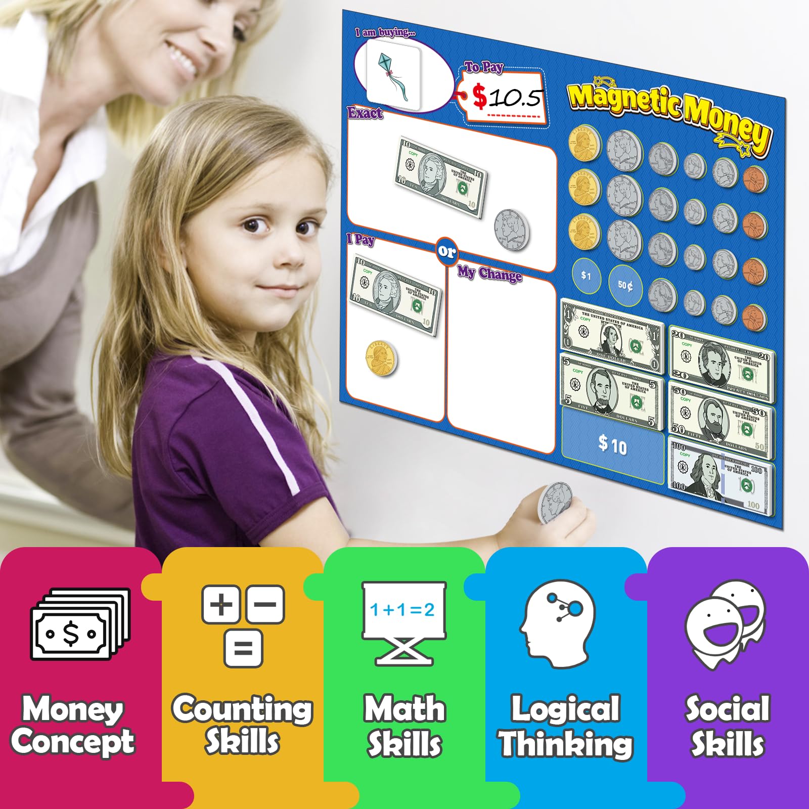 KASFALCI magnetic money bills create real-world math scenarios safely.