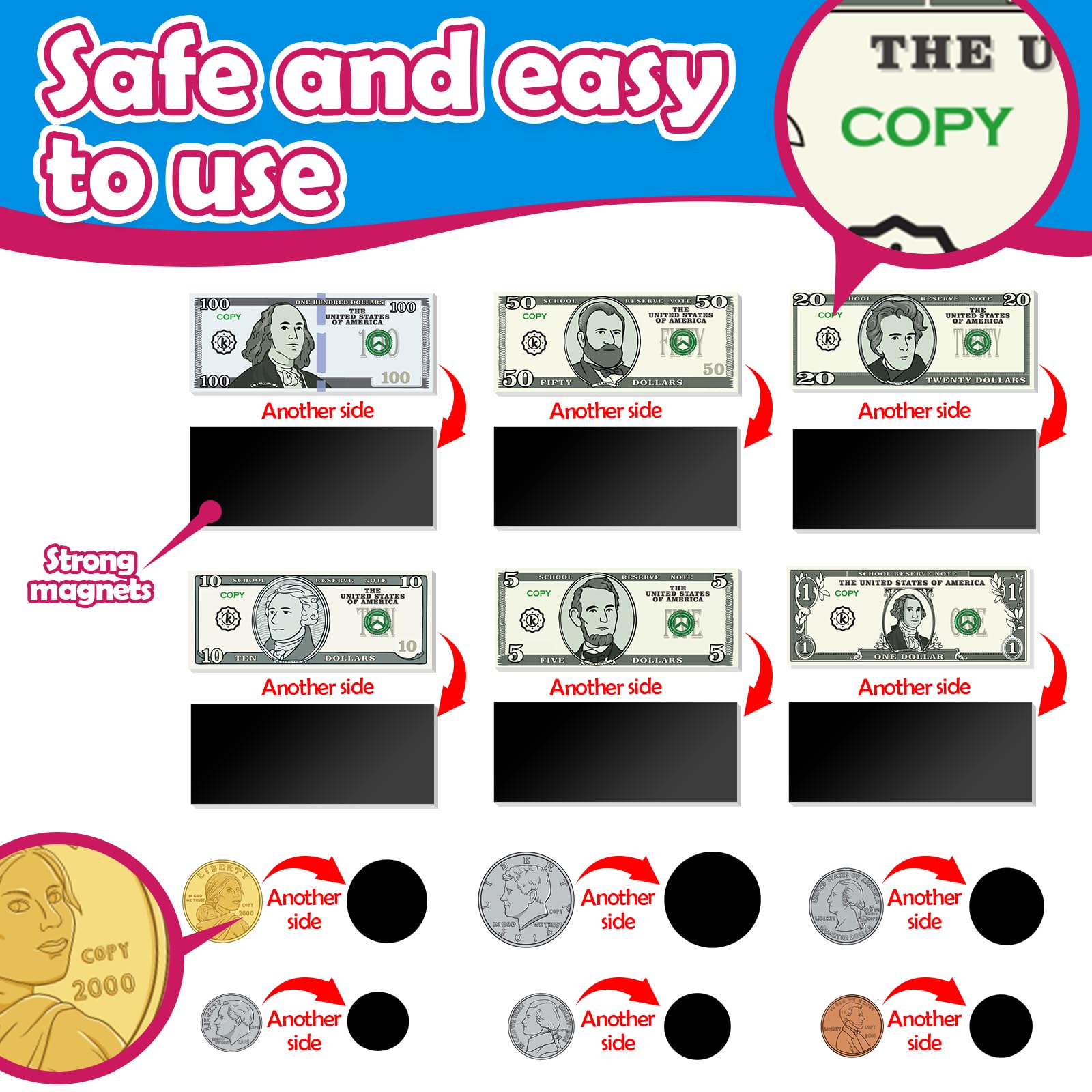 KASFALCI magnetic money set sticks to surfaces for flexible learning.