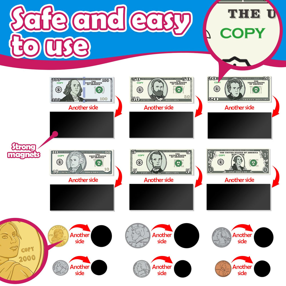 KASFALCI magnetic money set sticks to surfaces for flexible learning.