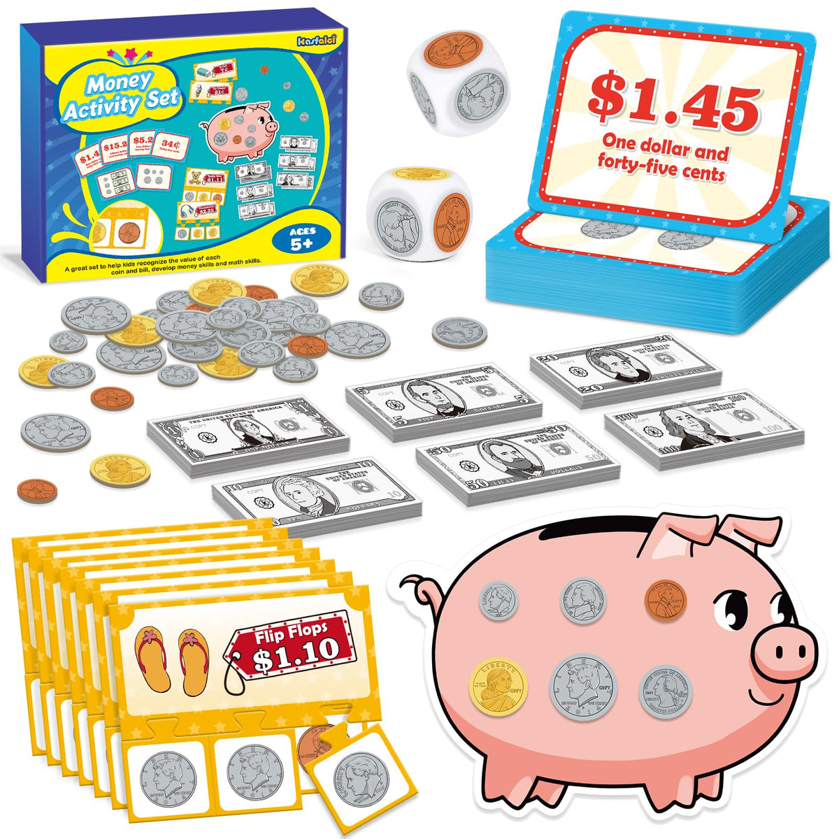 Kasfalci money activity set with bills helps kids recognize currency and count confidently.