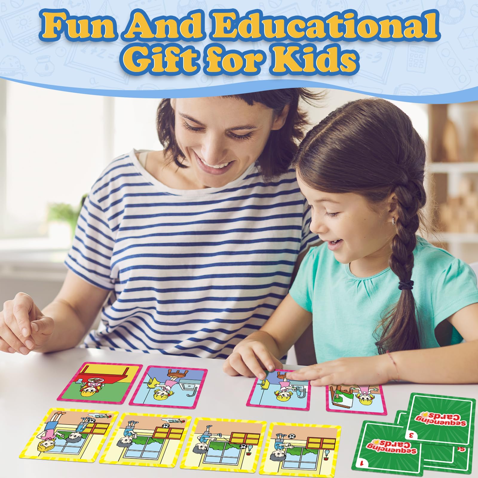 Kasfalci sequencing cards support language-building prompts in therapy activities.