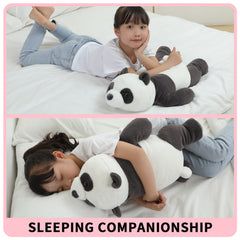 Kashabawangzi panda plush lays on bed with plush, inviting texture.