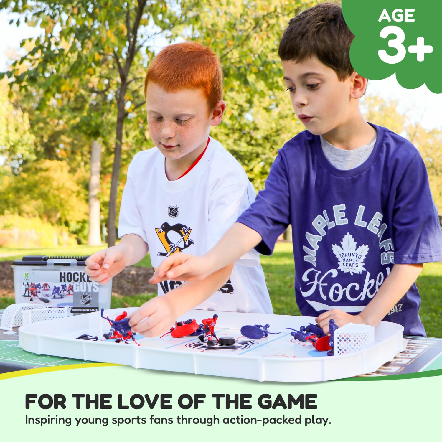 Kaskey Kids NHL Hockey Guys includes two teams, referee, and goals for varied hockey scenarios.