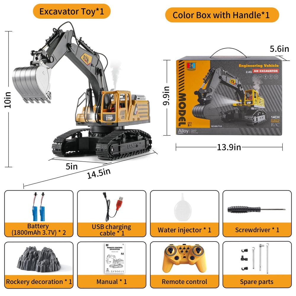 KASQERT 1:14 RC excavator toy detailed cab for imaginative role-play.