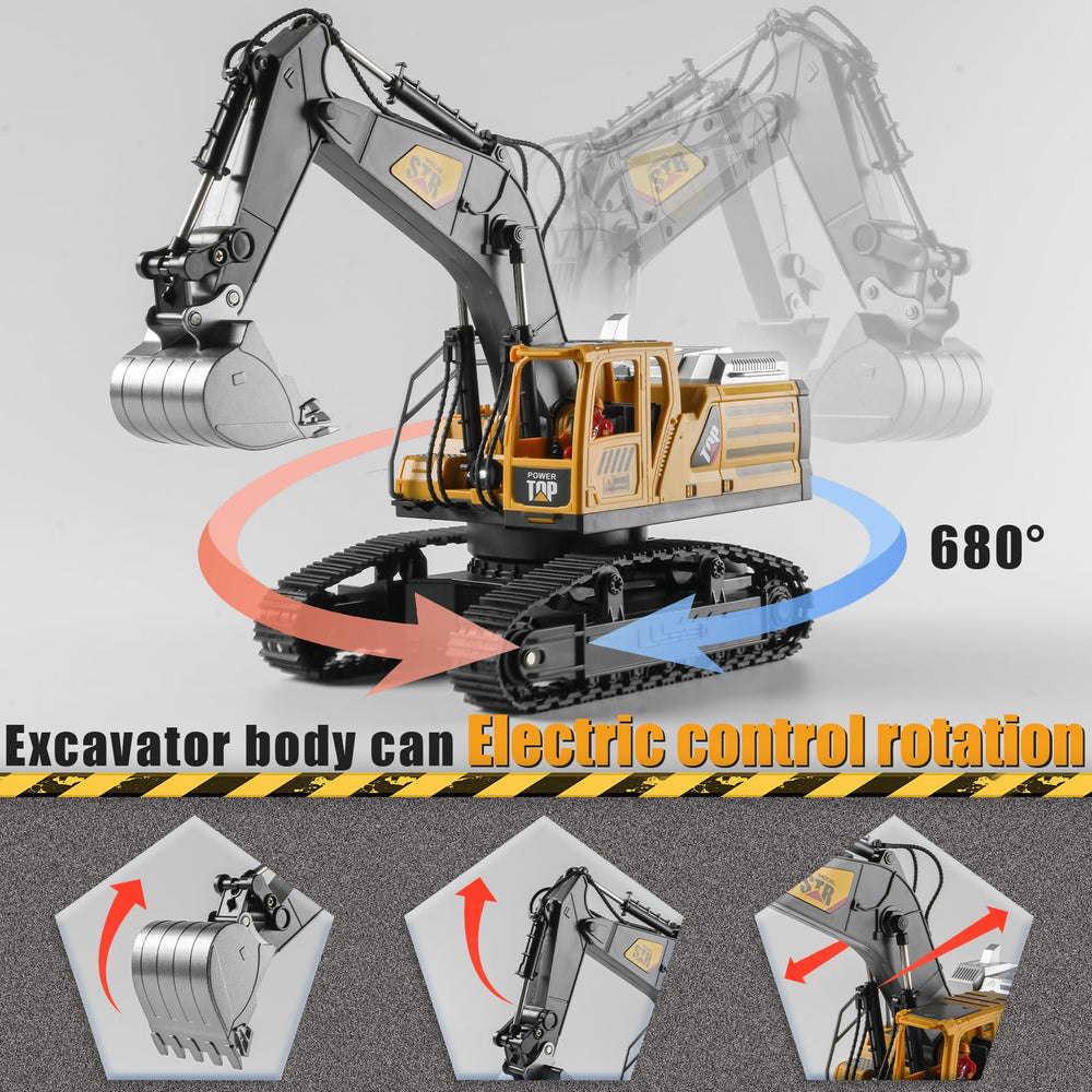 KASQERT 1:14 RC excavator toy lights and sound amplify action on construction sets.